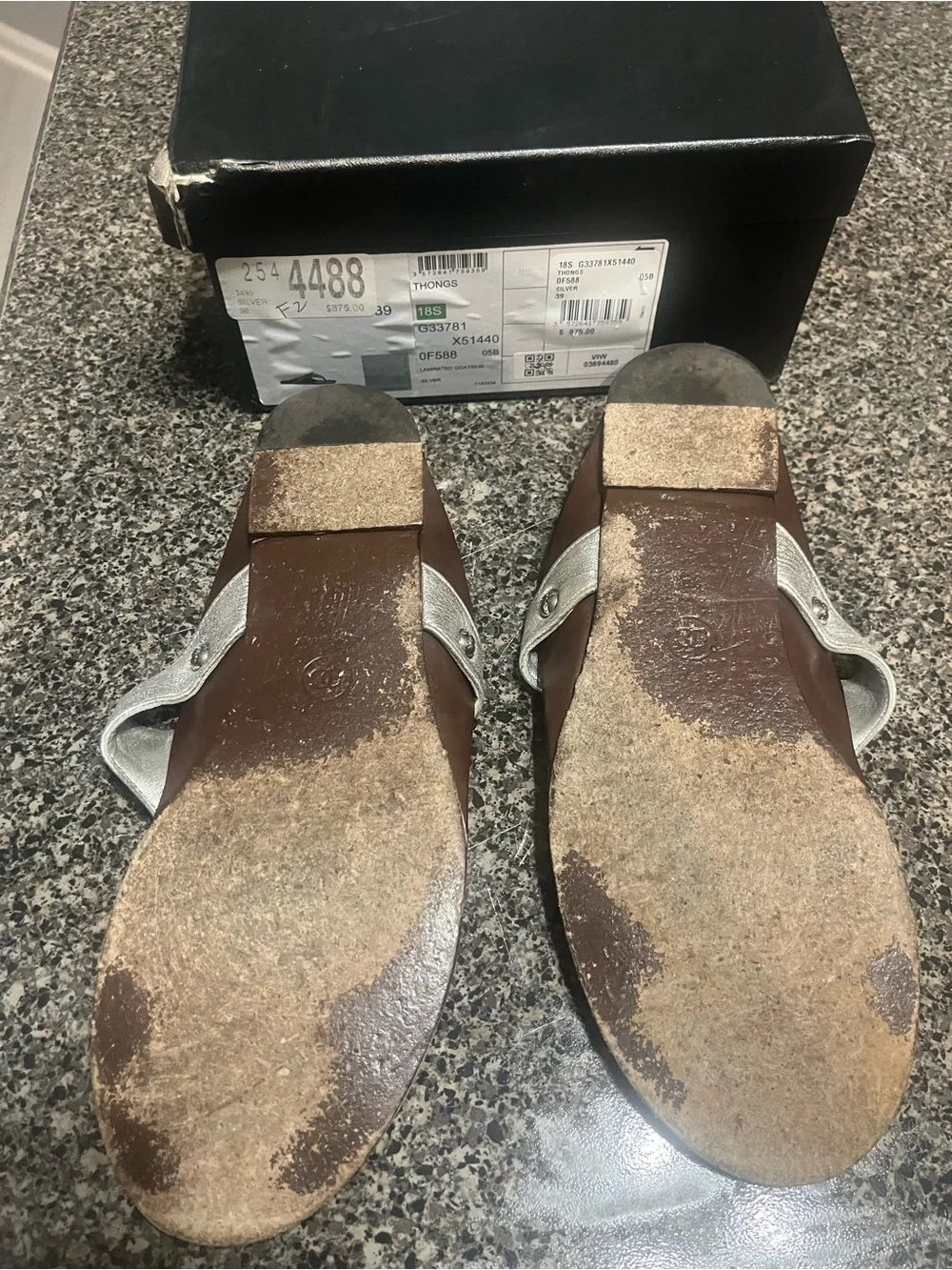 CHANEL Silver Metallic Thong Sandals with Brown Quilted Footbed